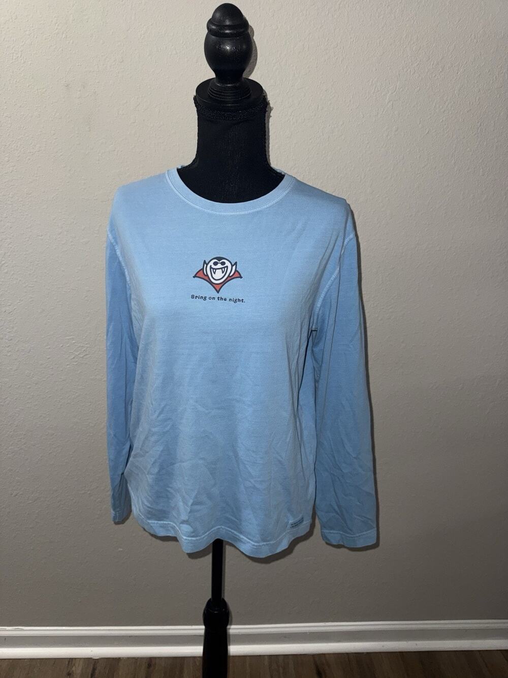 Life Is Good Womens M Medium Blue Long Sleeve Shirt Vampire Halloween Graphic